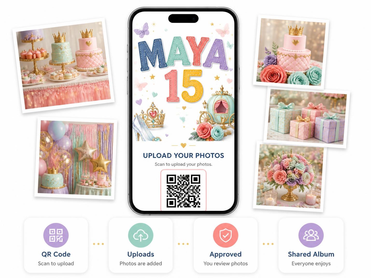 The shared photo gallery that comes with the Pastel Princess 15th Birthday Invitation invitation