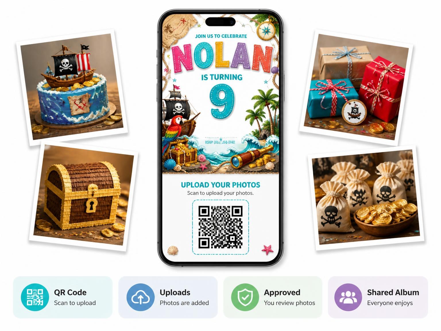 The shared photo gallery that comes with the Pirate Adventure 9th Birthday Invitation invitation