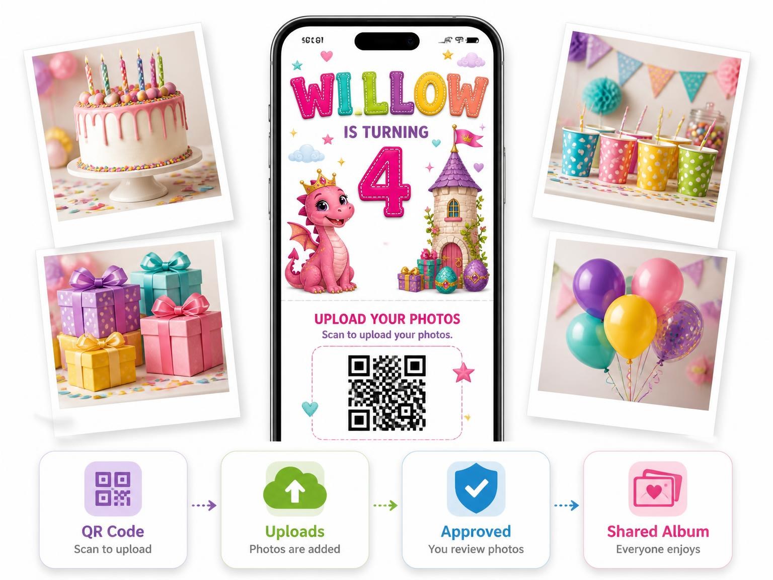 The shared photo gallery that comes with the Castle Tower Stitched 4th Birthday Invitation invitation