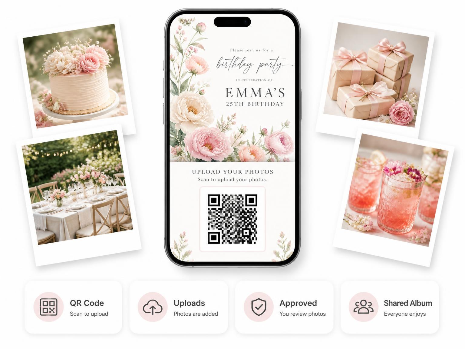 The shared photo gallery that comes with the Peonies Greenery Blush 25th Birthday Invitation invitation