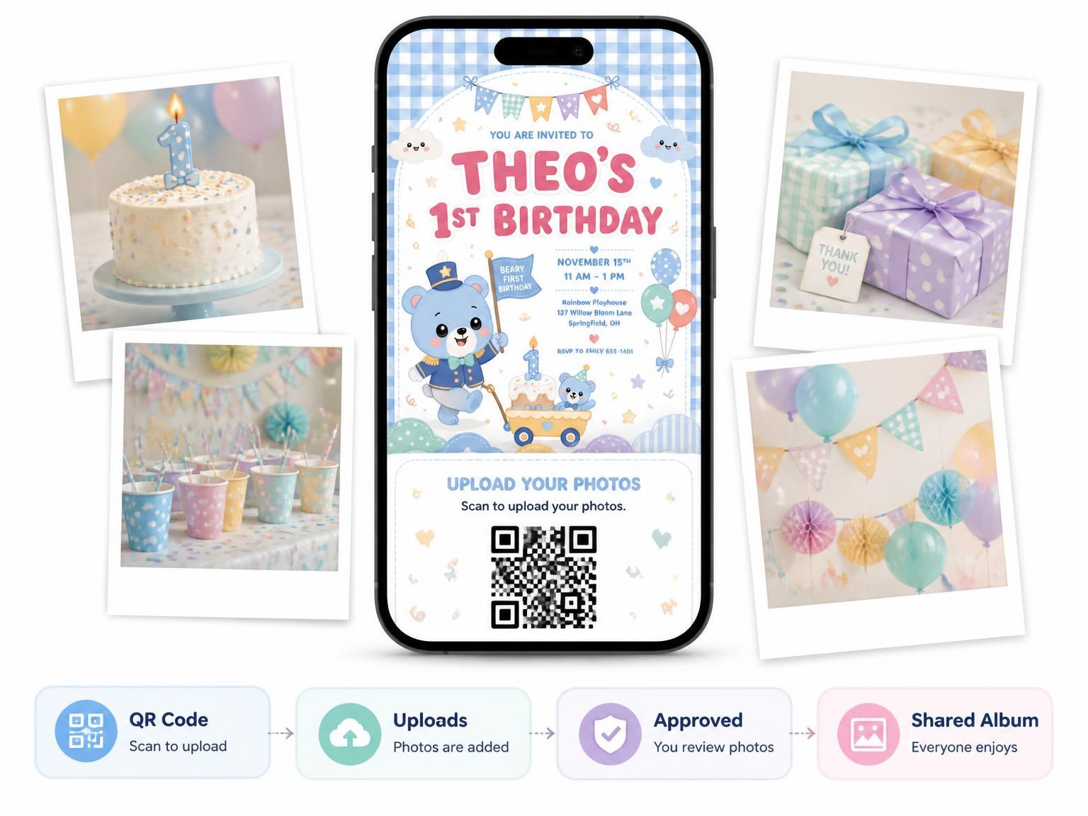 The shared photo gallery that comes with the Toy Wagon Kawaii Pastel 1st Birthday Invitation invitation