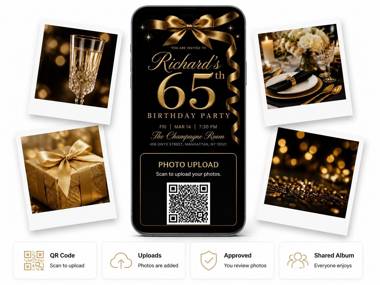 The shared photo gallery that comes with the Gold Ribbon Black 65th Birthday invitation
