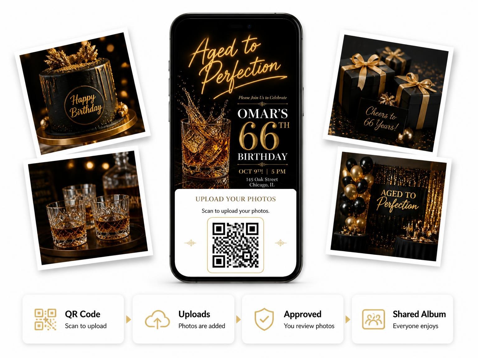 The shared photo gallery that comes with the Whiskey Glass 66th Birthday Invitation invitation
