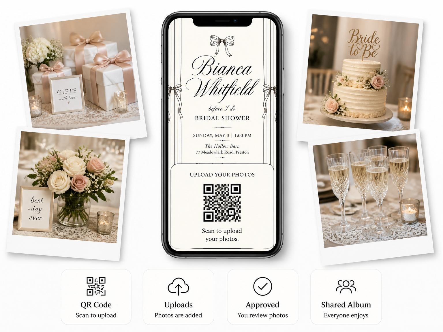 The shared photo gallery that comes with the Ink Pinstripe Bow Bridal Shower invitation