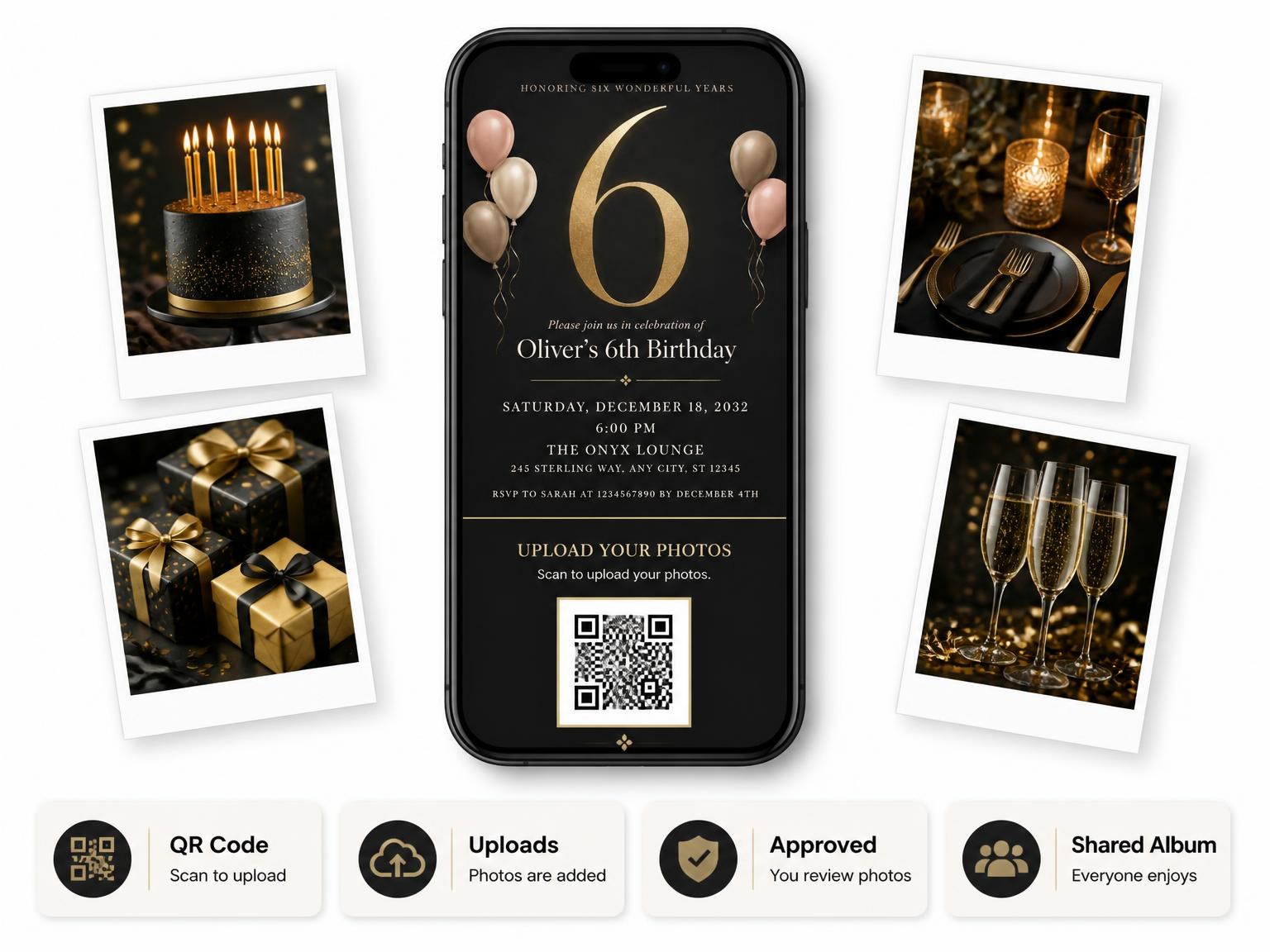 The shared photo gallery that comes with the Charcoal and Blush 6th Birthday Invitation invitation