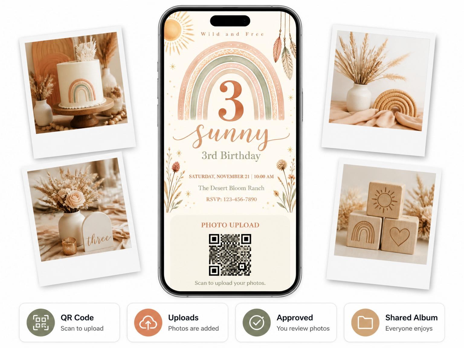 The shared photo gallery that comes with the Terracotta Rainbow Wildflower 3rd Birthday Invitation invitation