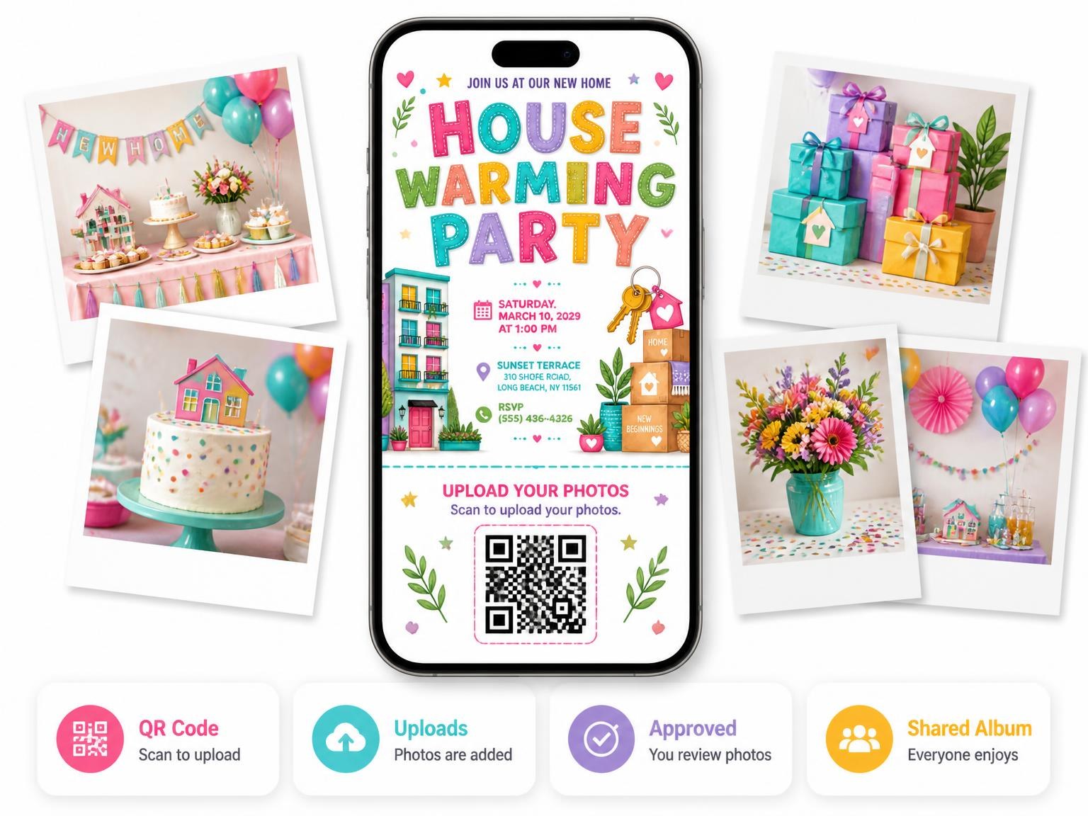 The shared photo gallery that comes with the House Keys Housewarming Party Invitation invitation