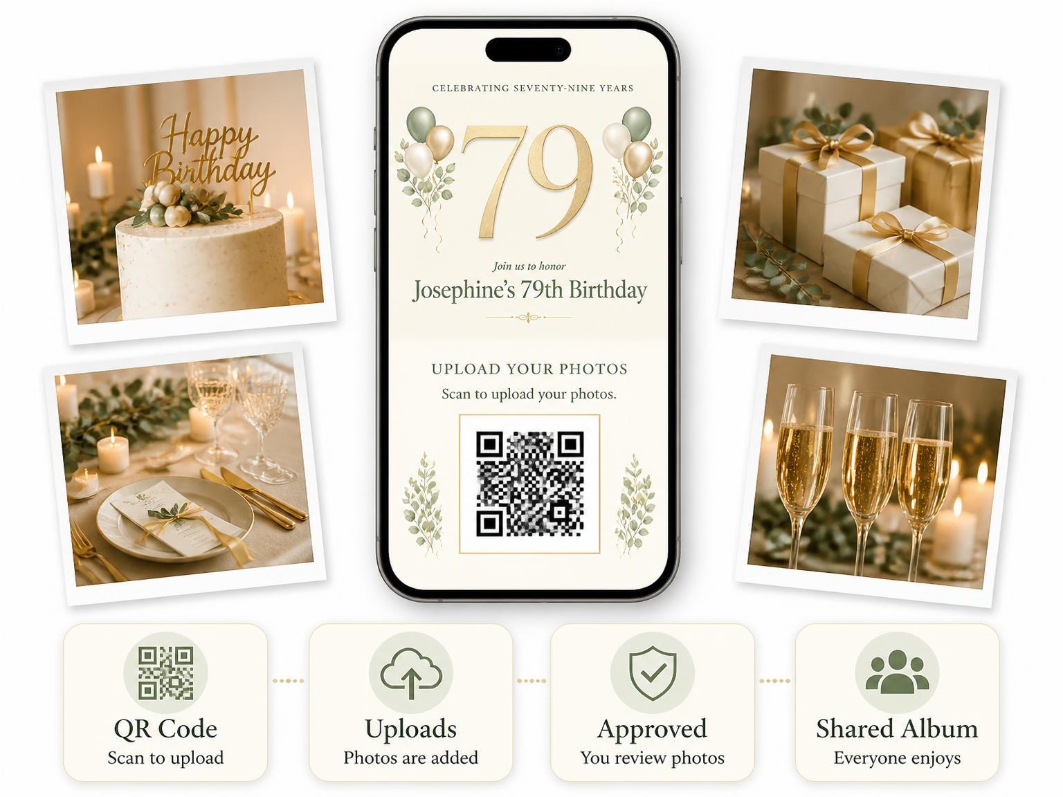 The shared photo gallery that comes with the Sage and Ivory 79th Birthday Invitation invitation