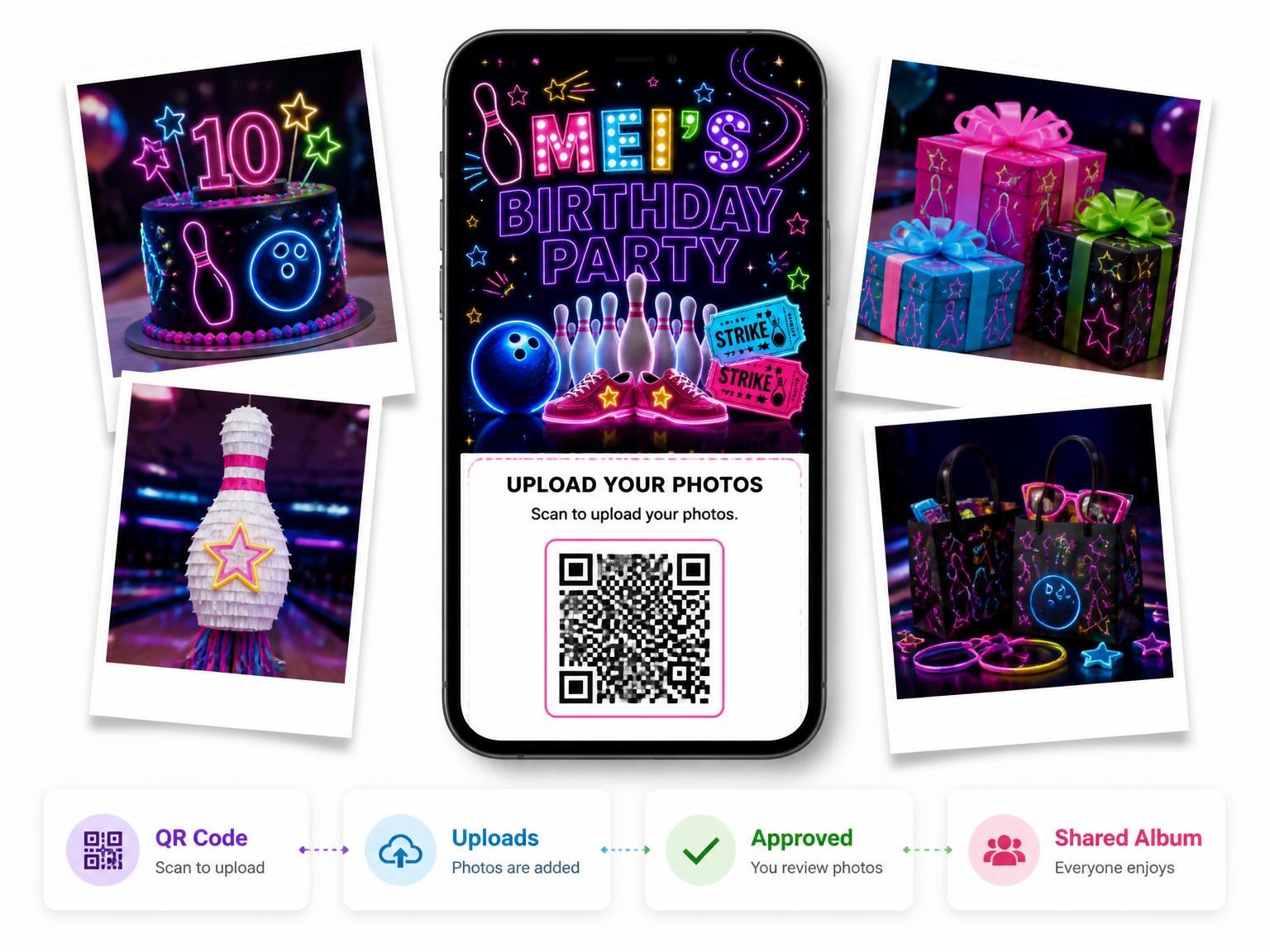 The shared photo gallery that comes with the Neon Bowling 10th Birthday Invitation invitation