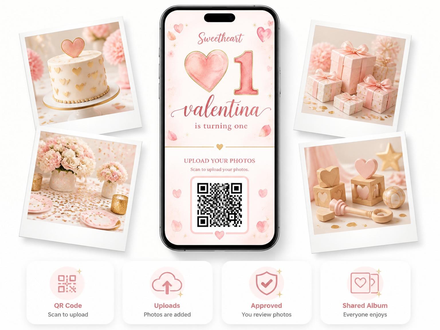 The shared photo gallery that comes with the Blush Watercolor Heart First Birthday invitation