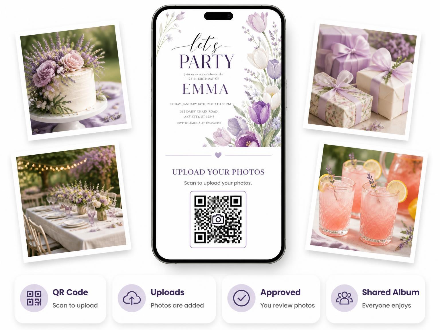 The shared photo gallery that comes with the Tulip Lavender 25th Birthday Invitation invitation