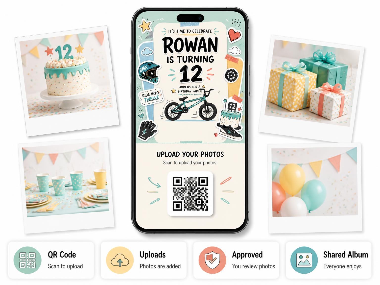 The shared photo gallery that comes with the Pastel BMX Bike 12th Birthday Invitation invitation