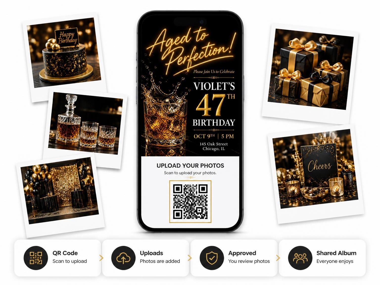 The shared photo gallery that comes with the Whiskey Glass 47th Birthday Invitation invitation