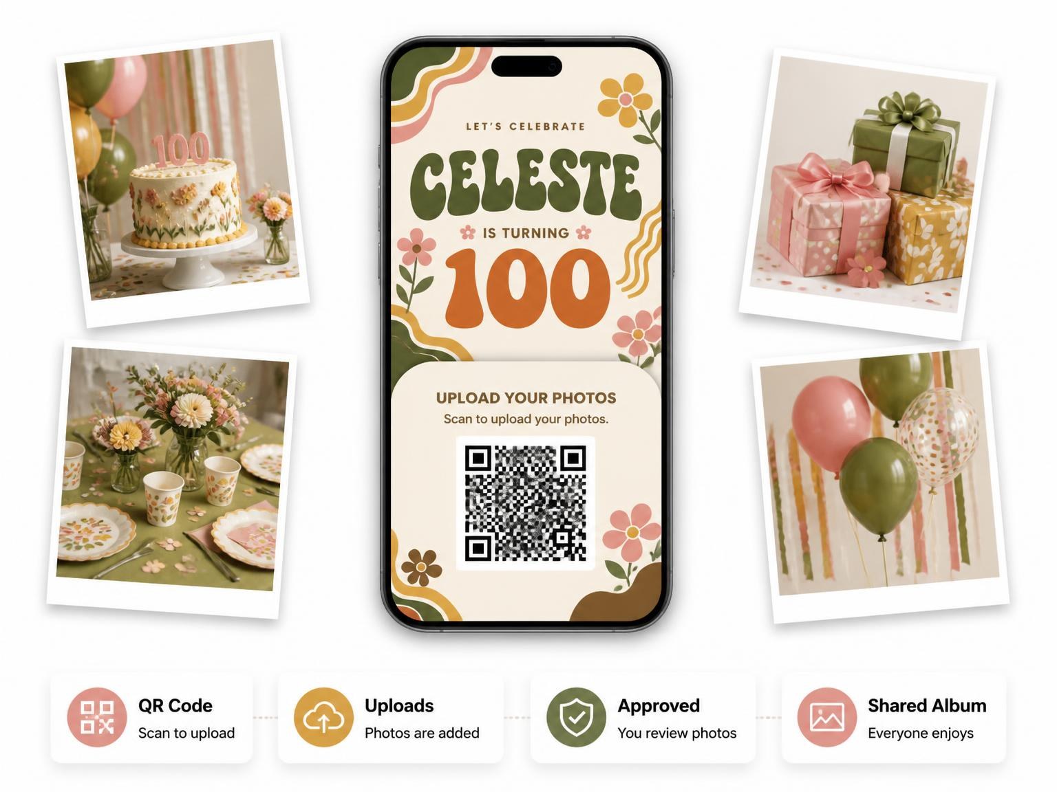 The shared photo gallery that comes with the Groovy Retro 100th Birthday Invitation invitation