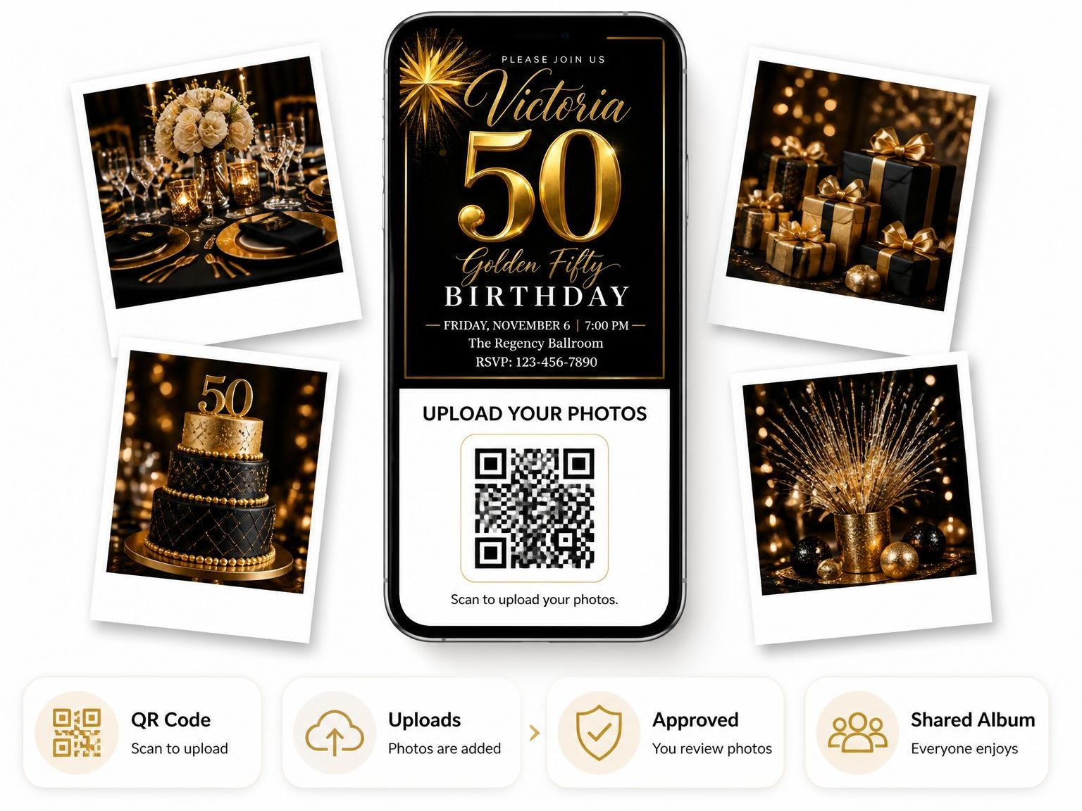 The shared photo gallery that comes with the Gold 3D Starburst 50th Birthday invitation