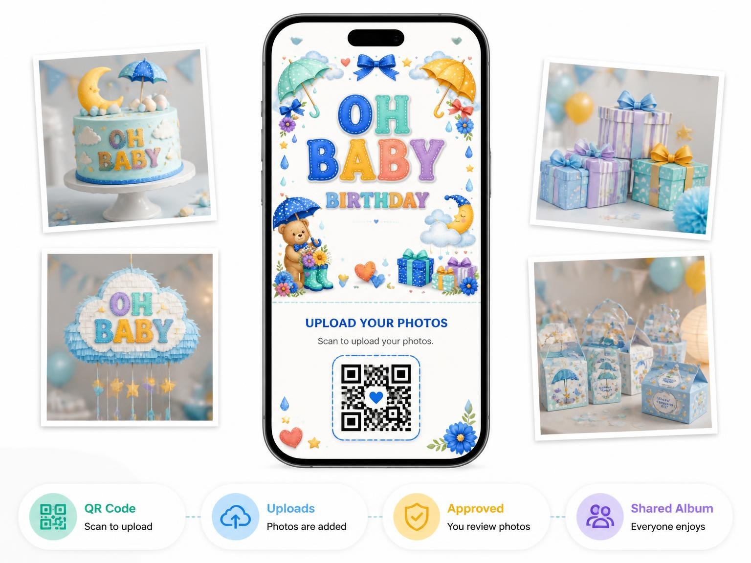The shared photo gallery that comes with the Crescent Moon Baby Sprinkle Invitation invitation
