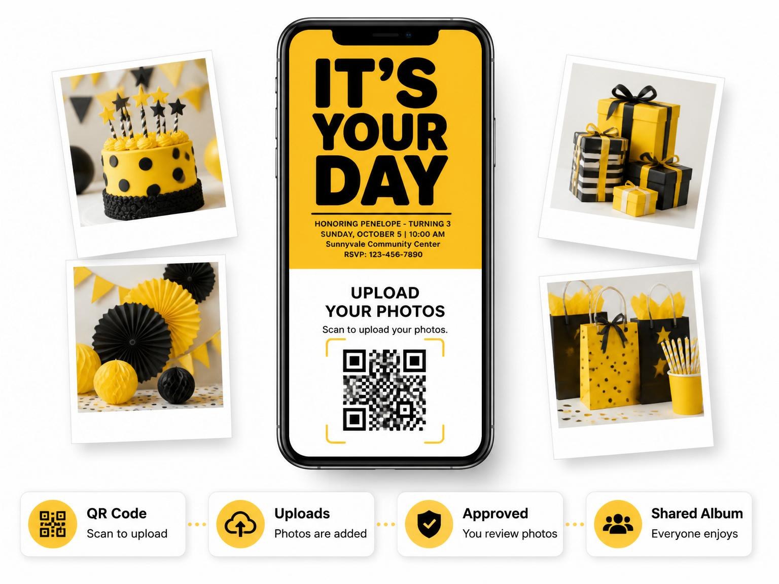 The shared photo gallery that comes with the Minimalist Yellow Bold Typography 3rd Birthday invitation