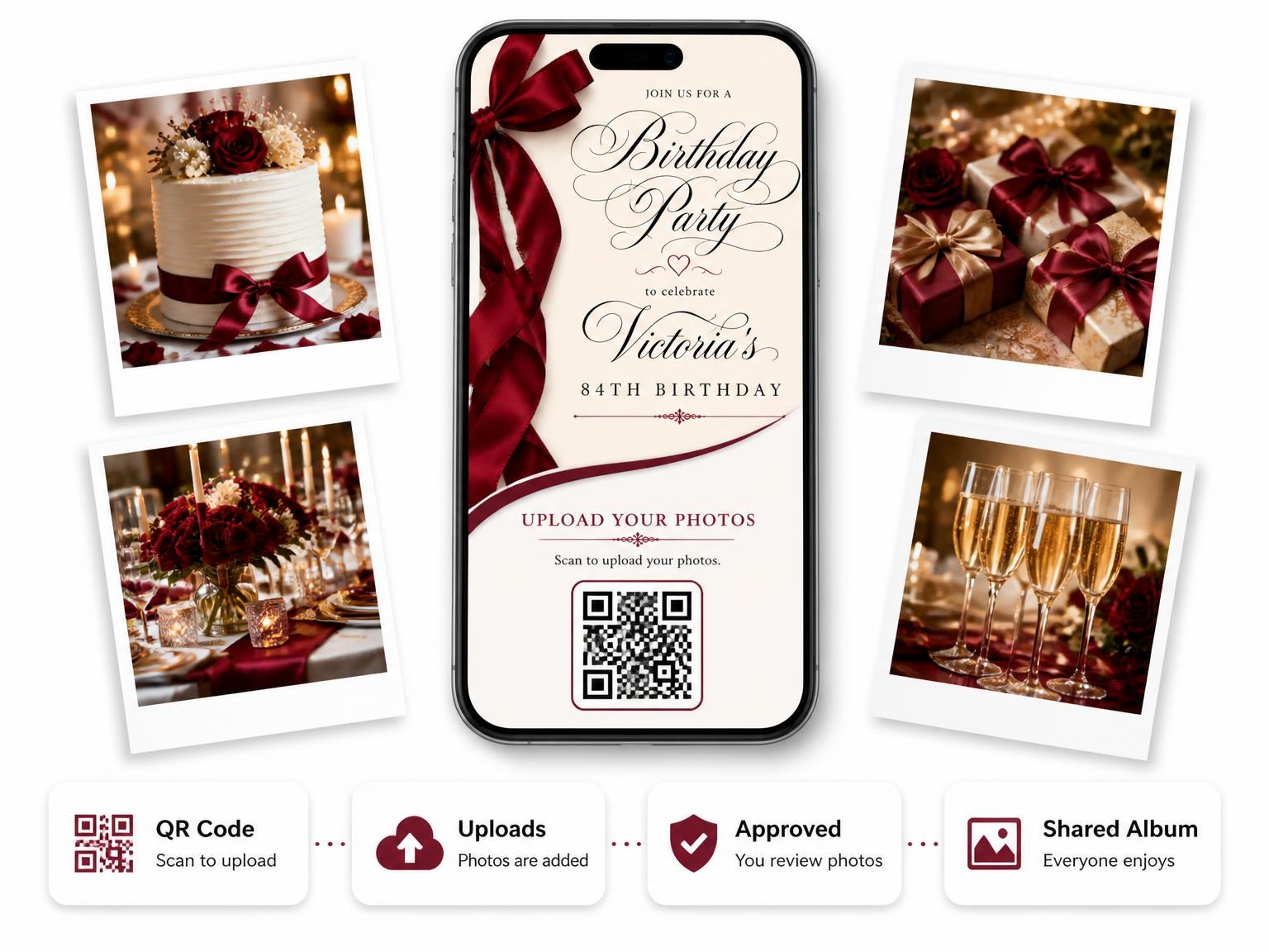The shared photo gallery that comes with the Burgundy Satin Bow 84th Birthday Invitation invitation