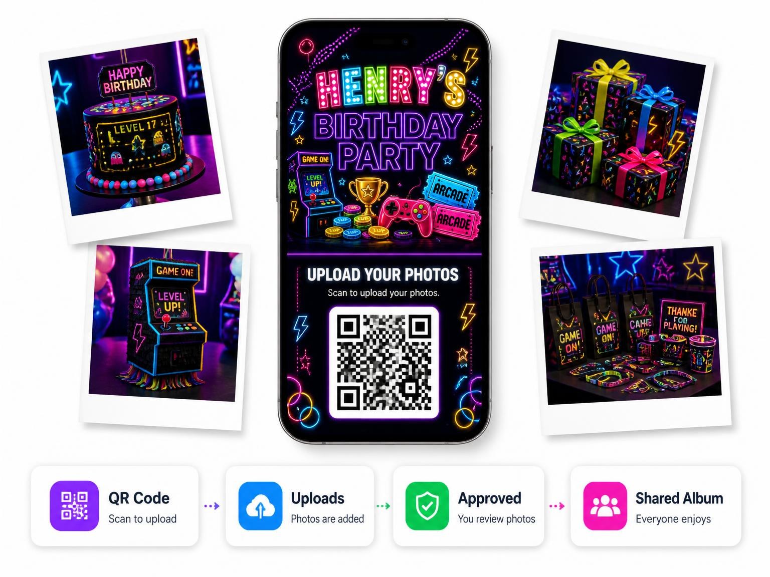 The shared photo gallery that comes with the Neon Arcade 17th Birthday Invitation invitation