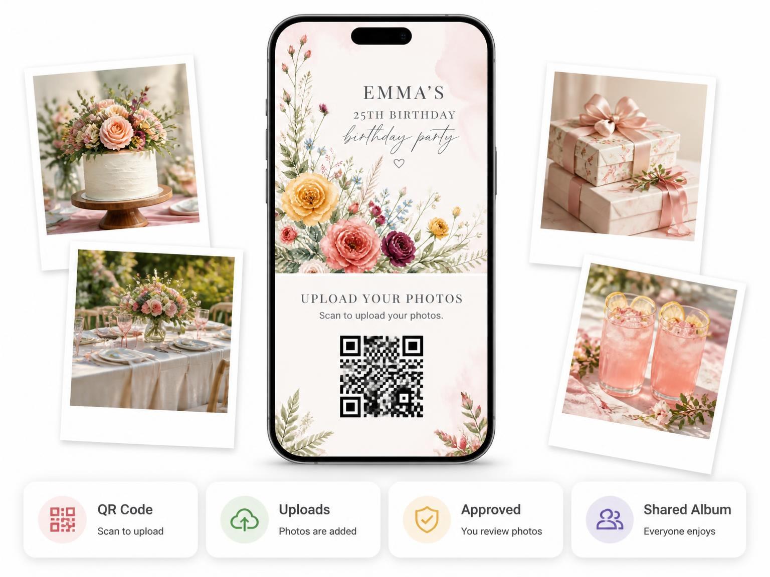 The shared photo gallery that comes with the Wildflower Garden Golden 25th Birthday Invitation invitation