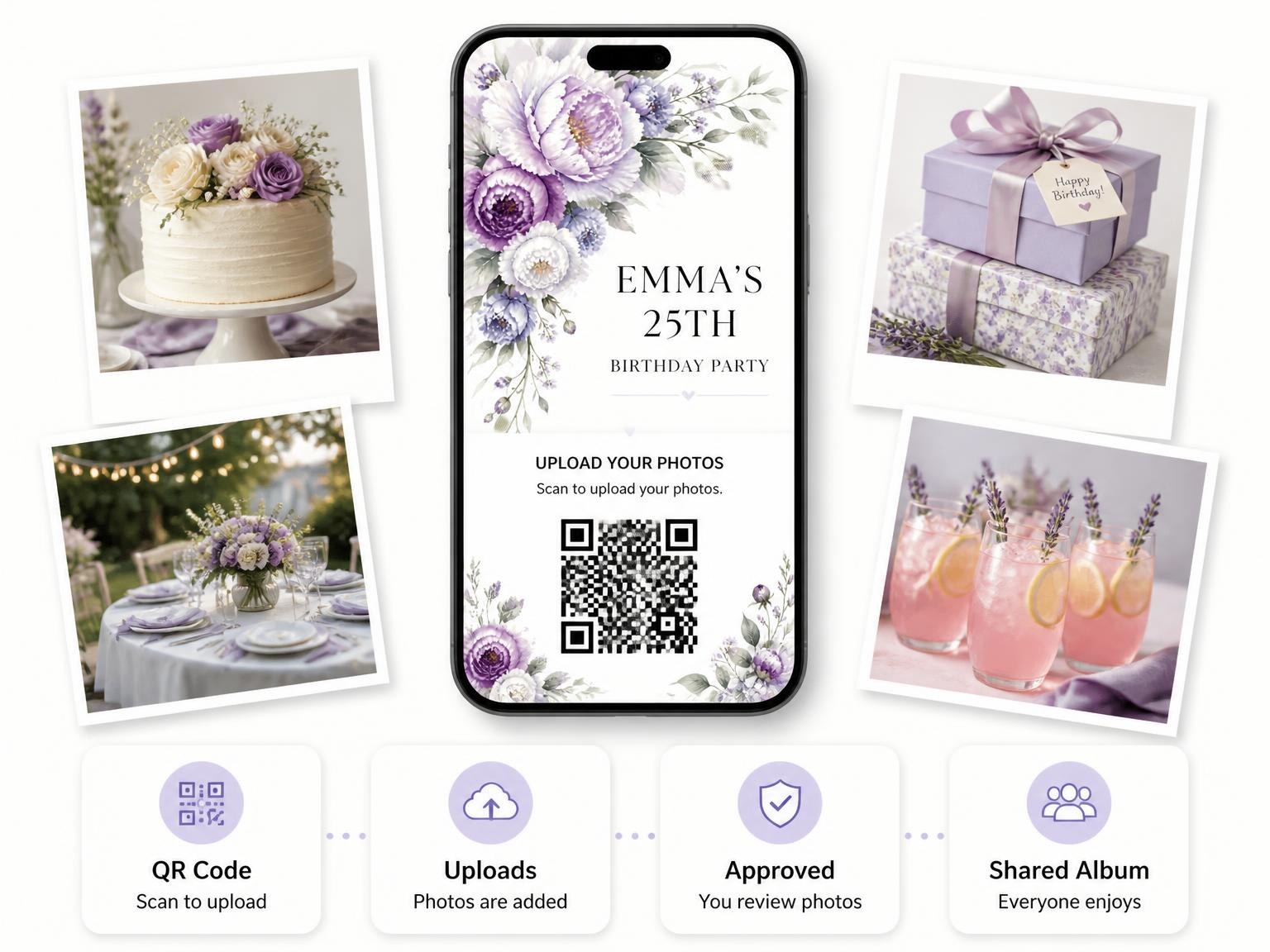 The shared photo gallery that comes with the Botanical Floral Lavender 25th Birthday Invitation invitation