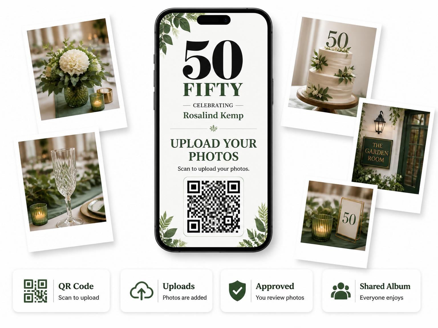 The shared photo gallery that comes with the Forest Green Bold Serif 50th Birthday invitation