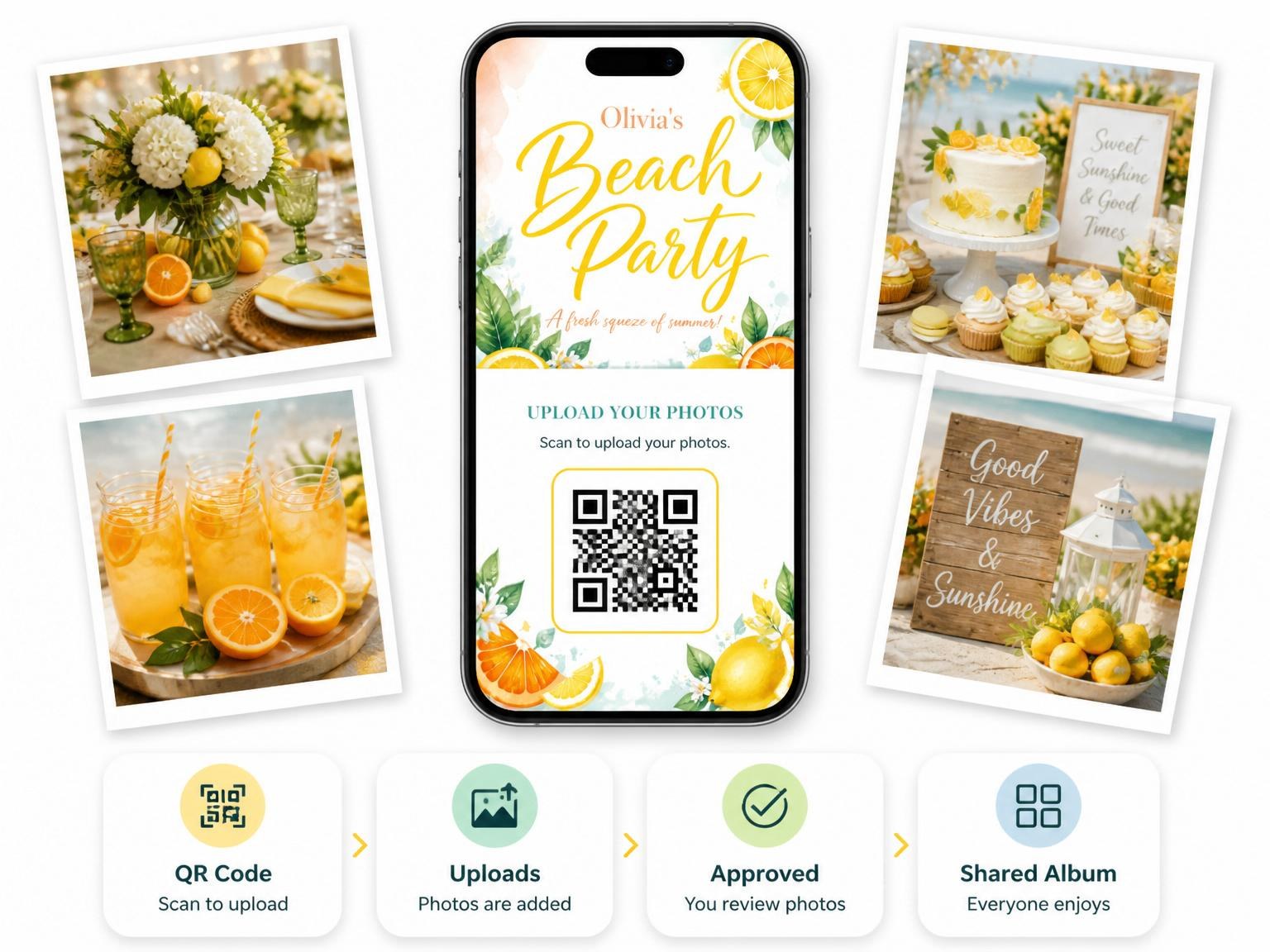 The shared photo gallery that comes with the Watercolor Citrus Beach Summer Party invitation