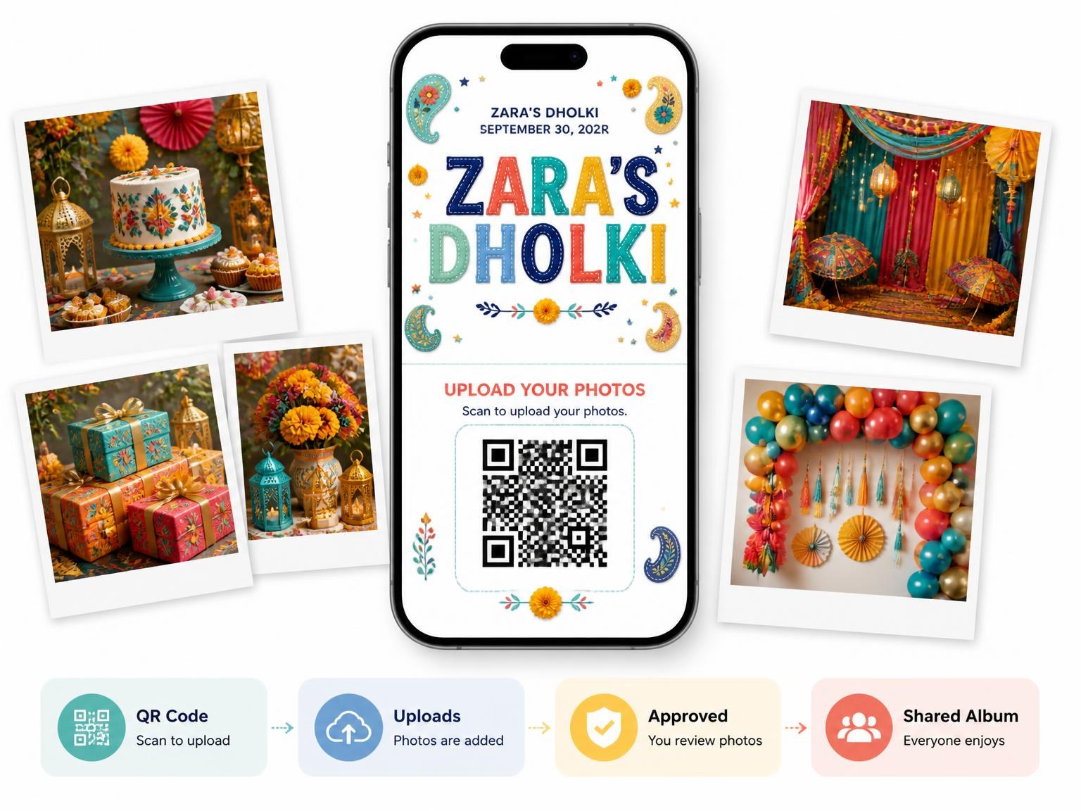 The shared photo gallery that comes with the Embroidered Cushions Dholki Invitation invitation