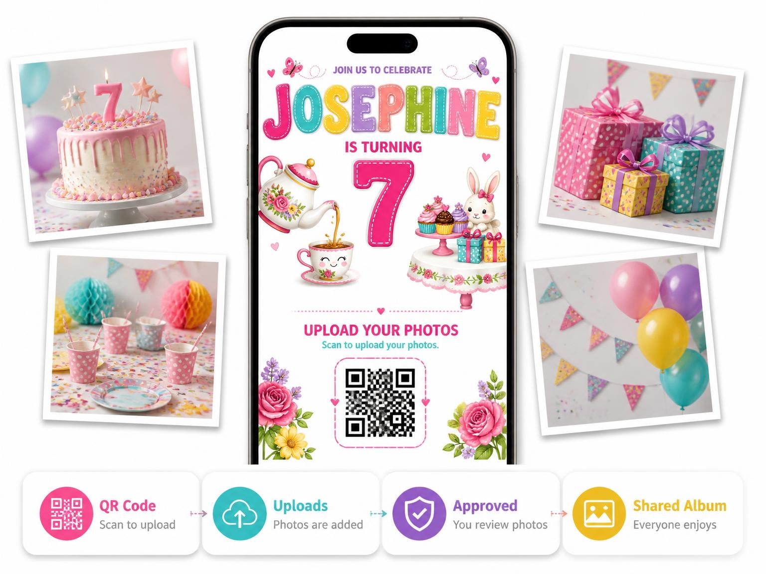 The shared photo gallery that comes with the Teapot Teacup Stitched 7th Birthday Invitation invitation