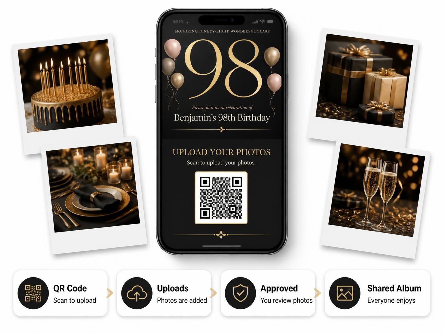 The shared photo gallery that comes with the Charcoal and Blush 98th Birthday Invitation invitation