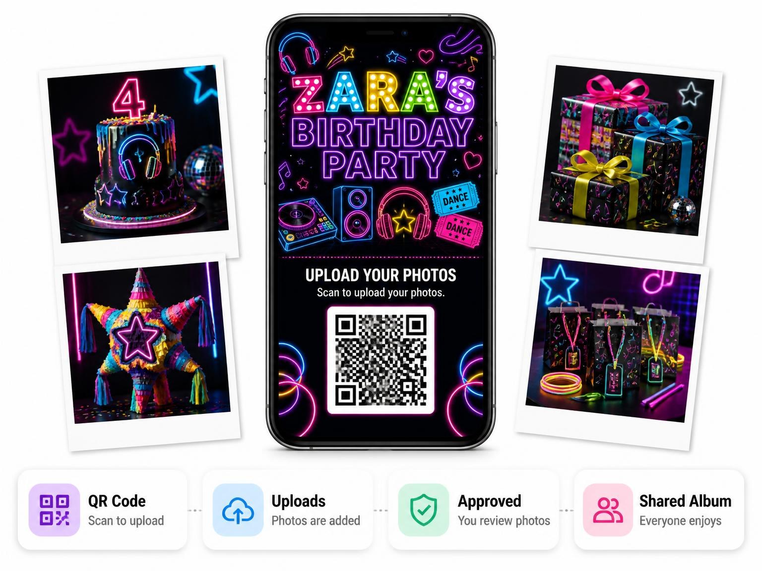 The shared photo gallery that comes with the Neon Dance Party 4th Birthday Invitation invitation