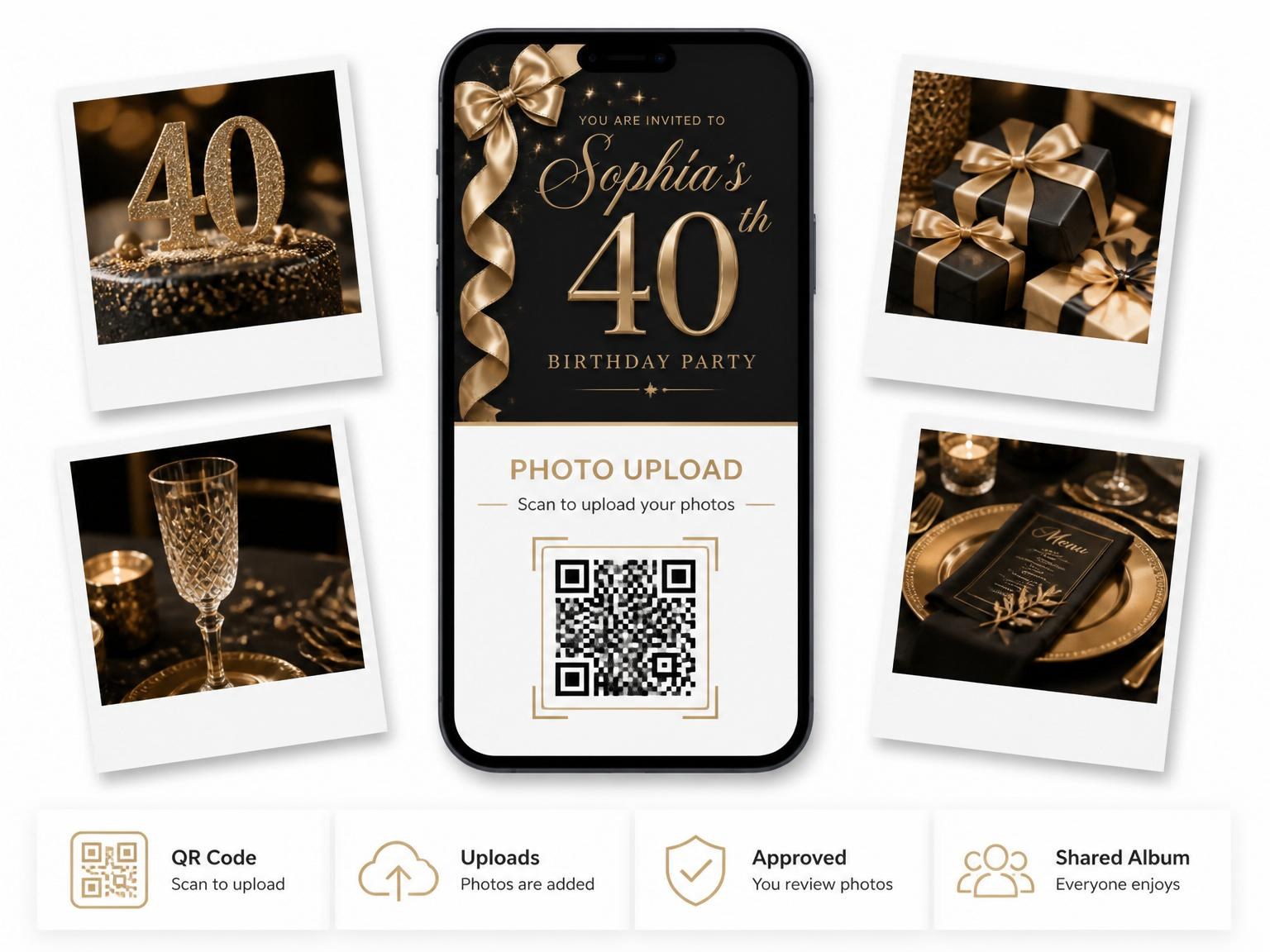 The shared photo gallery that comes with the Black and Gold Ribbon 40th Birthday invitation