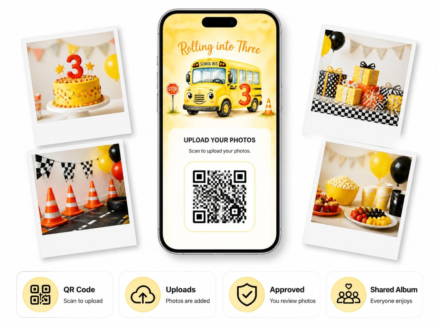 The shared photo gallery that comes with the Watercolor School Bus 3rd Birthday invitation