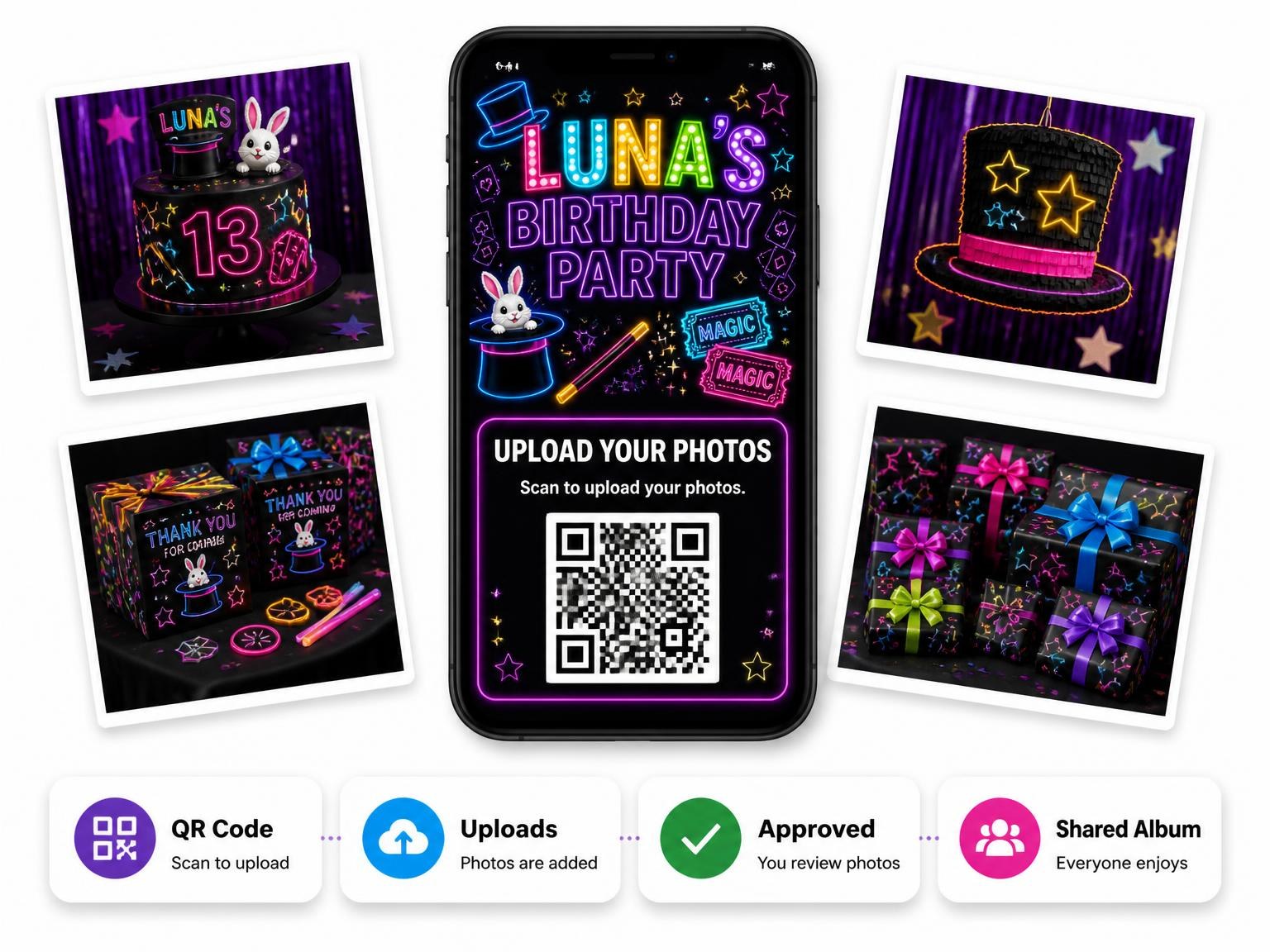 The shared photo gallery that comes with the Neon Magic Show 13th Birthday Invitation invitation