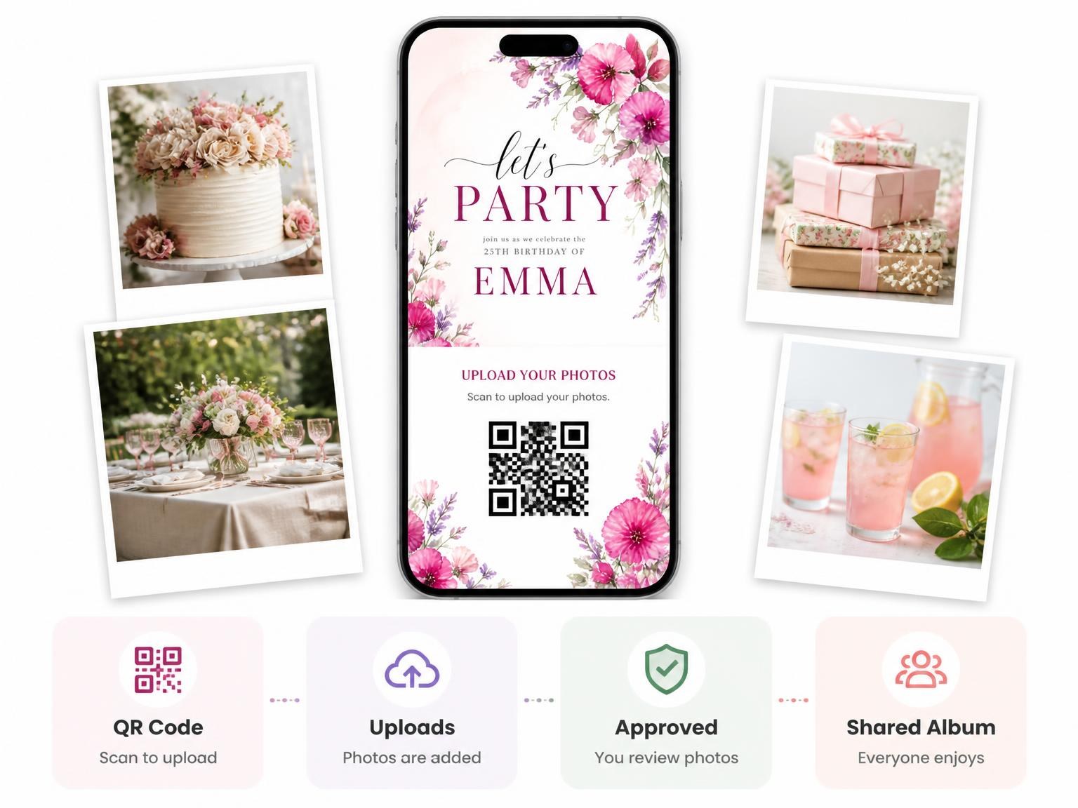 The shared photo gallery that comes with the Fuchsia Floral Sprays 25th Birthday Invitation invitation