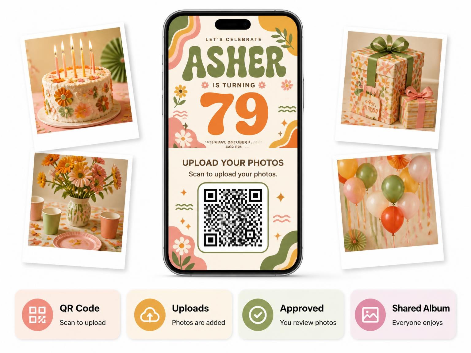 The shared photo gallery that comes with the Groovy Retro 79th Birthday Invitation invitation