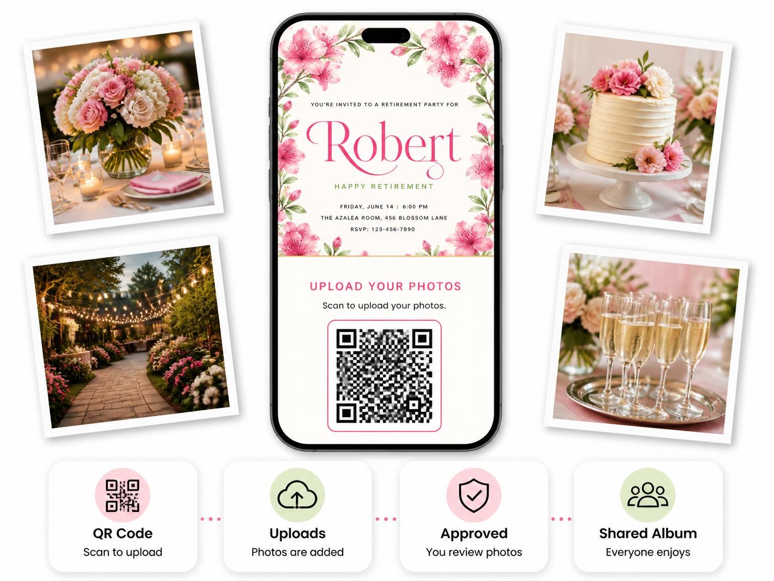 The shared photo gallery that comes with the Azalea Floral Retirement Party Invitation invitation