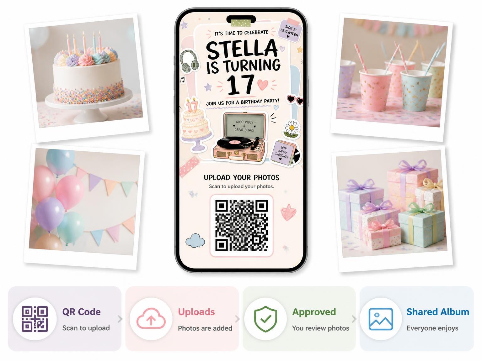 The shared photo gallery that comes with the Headphones Pastel 17th Birthday Invitation invitation