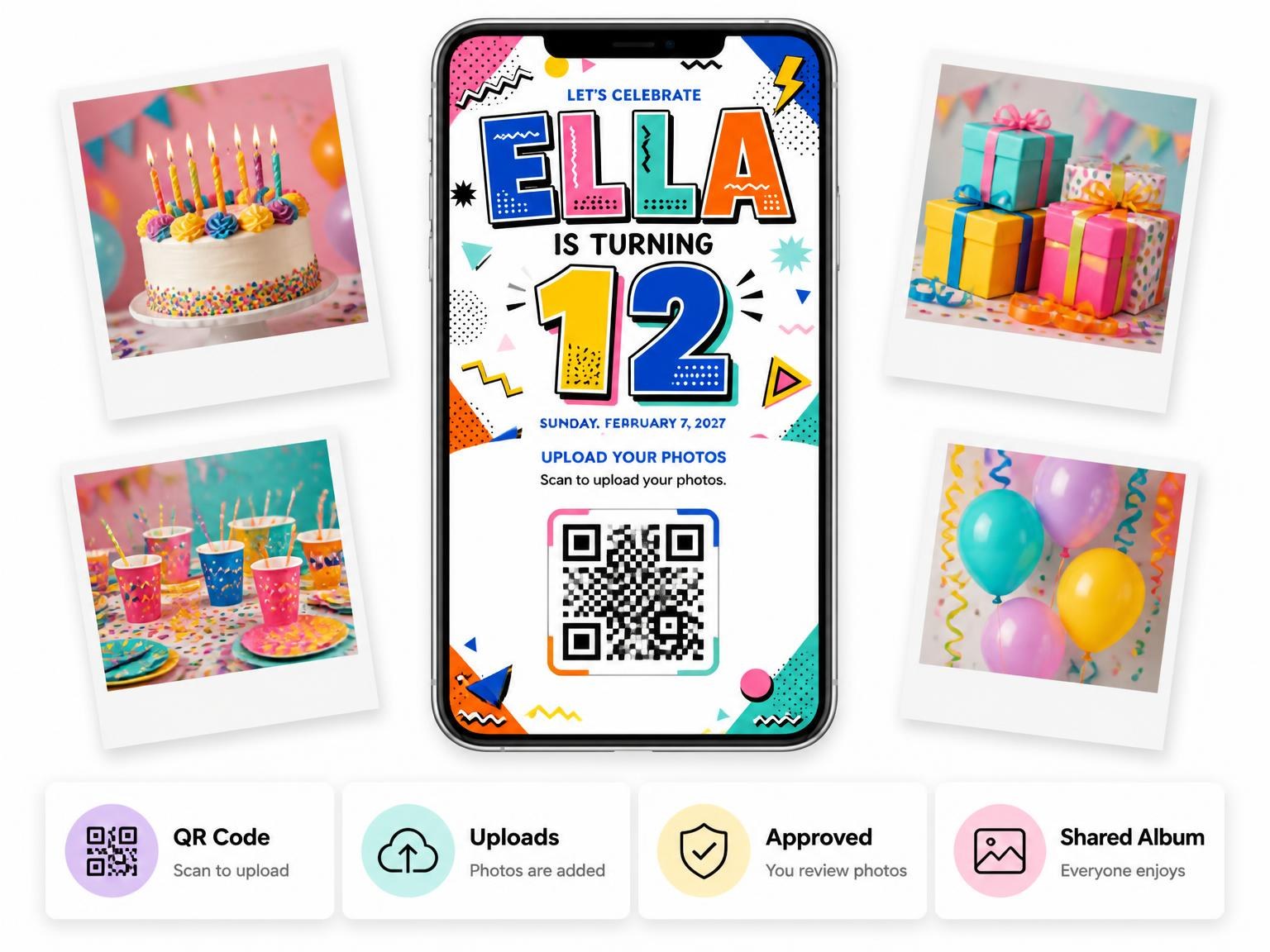 The shared photo gallery that comes with the Memphis Pop 12th Birthday Invitation invitation