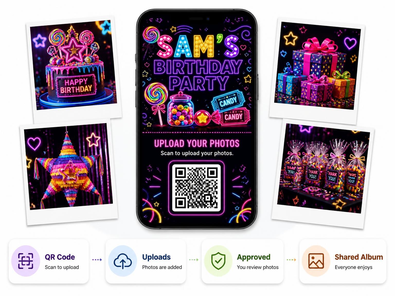 The shared photo gallery that comes with the Neon Candy 23rd Birthday Invitation invitation