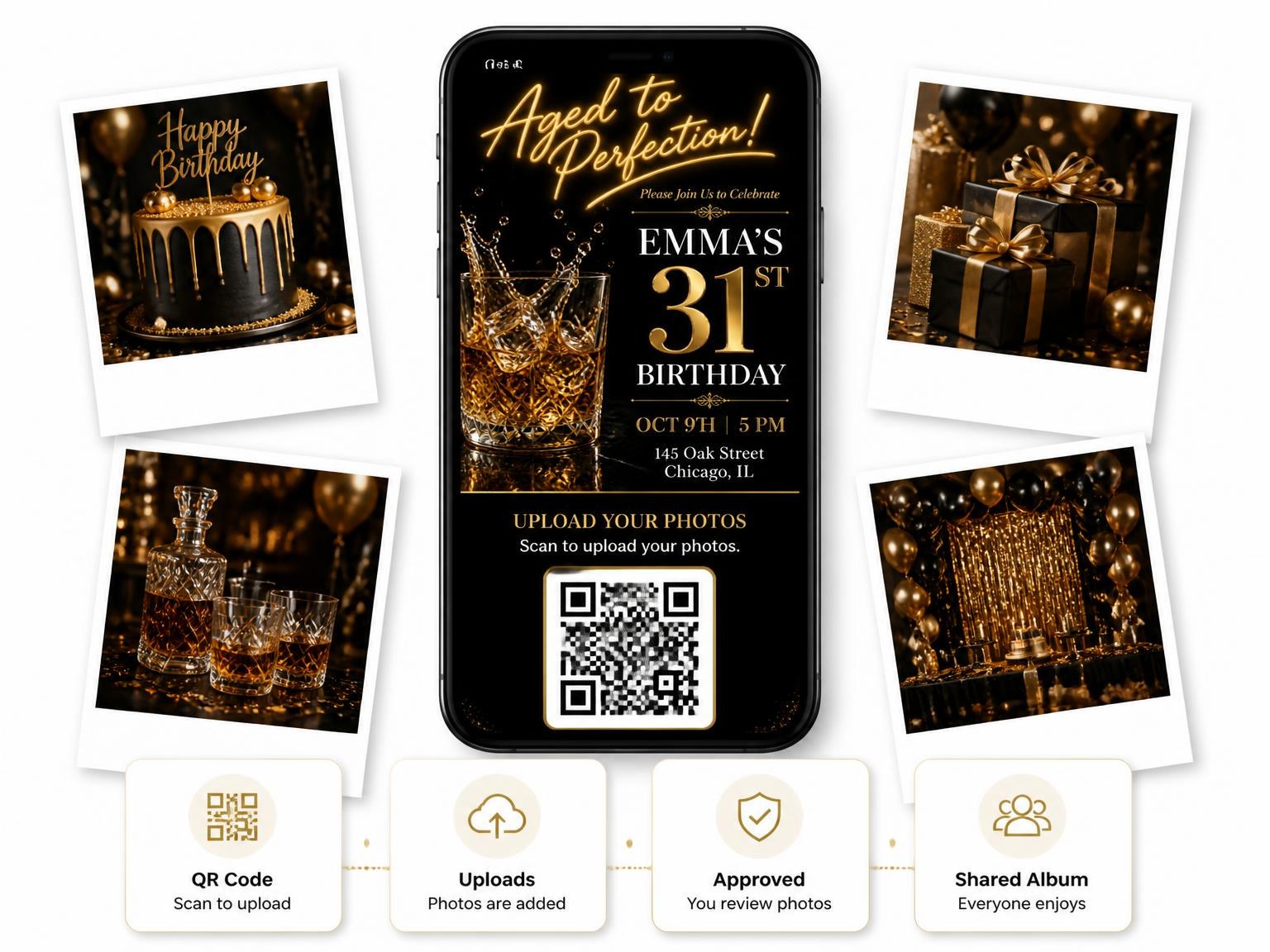The shared photo gallery that comes with the Whiskey Glass 31st Birthday Invitation invitation