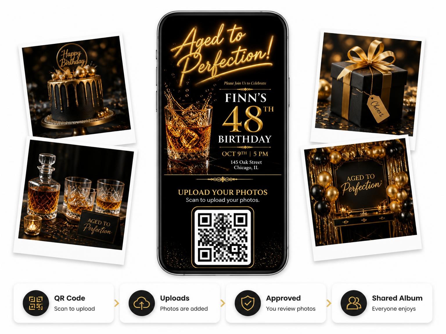 The shared photo gallery that comes with the Whiskey Tumbler 48th Birthday Invitation invitation