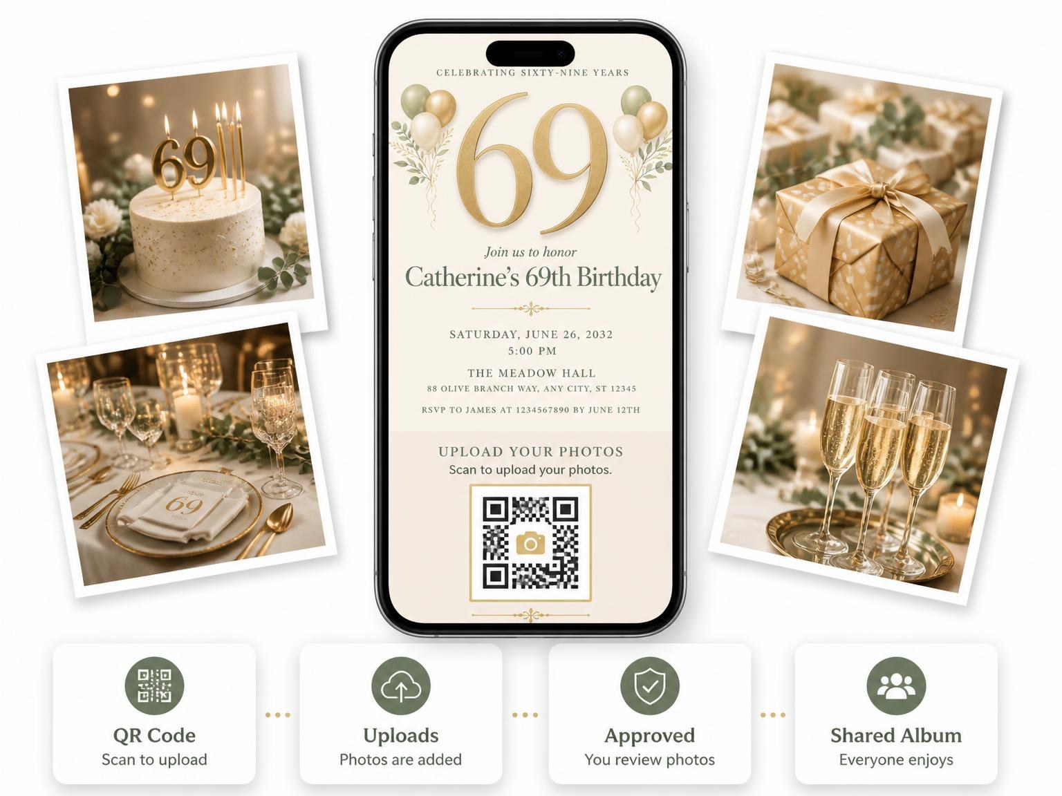 The shared photo gallery that comes with the Sage and Ivory 69th Birthday Invitation invitation