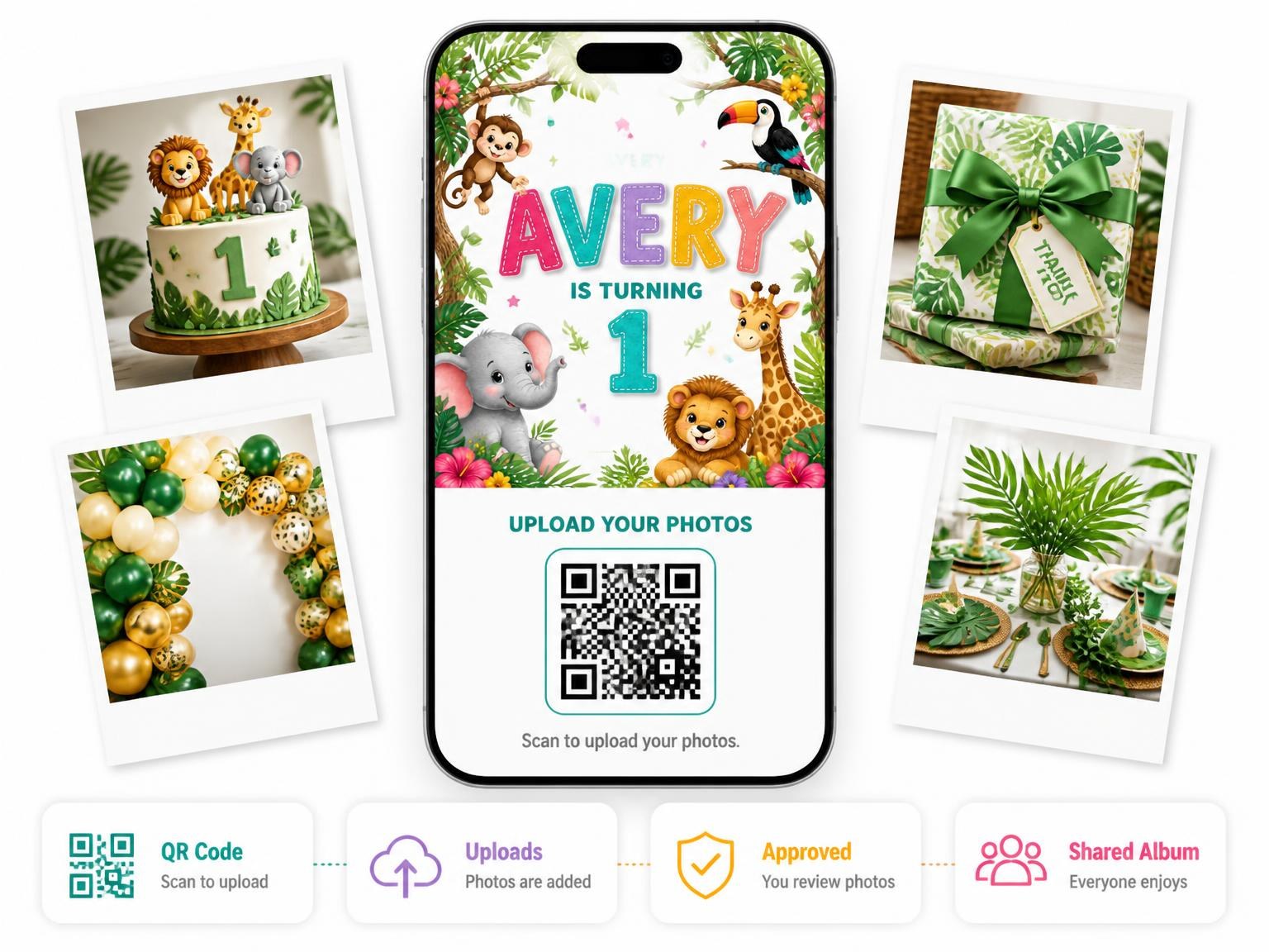 The shared photo gallery that comes with the Jungle Animal Safari 1st Birthday invitation