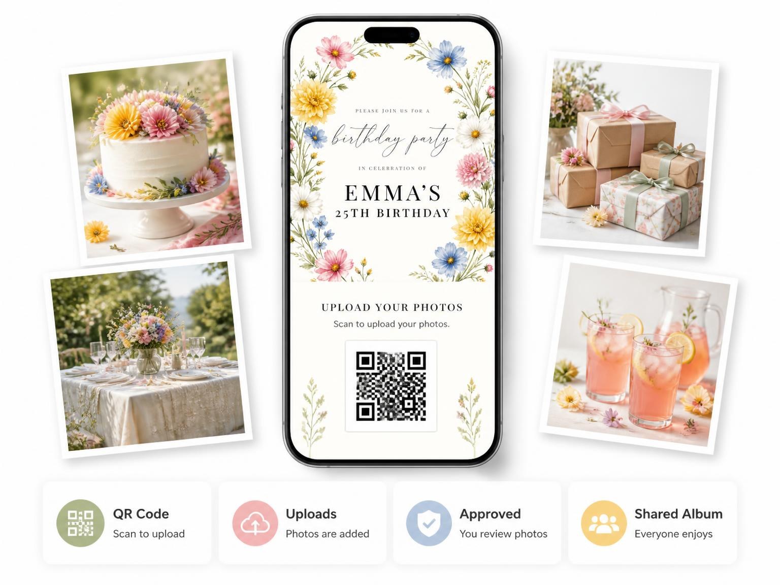 The shared photo gallery that comes with the Spring Wildflower Wreath 25th Birthday Invitation invitation