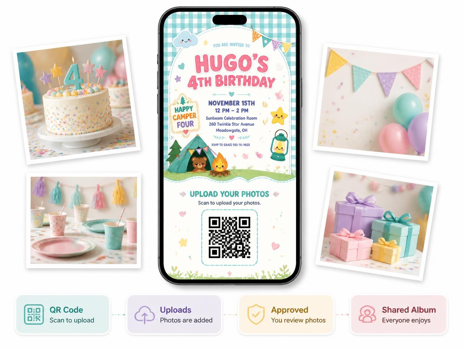 The shared photo gallery that comes with the Scout Kawaii Pastel 4th Birthday Invitation invitation