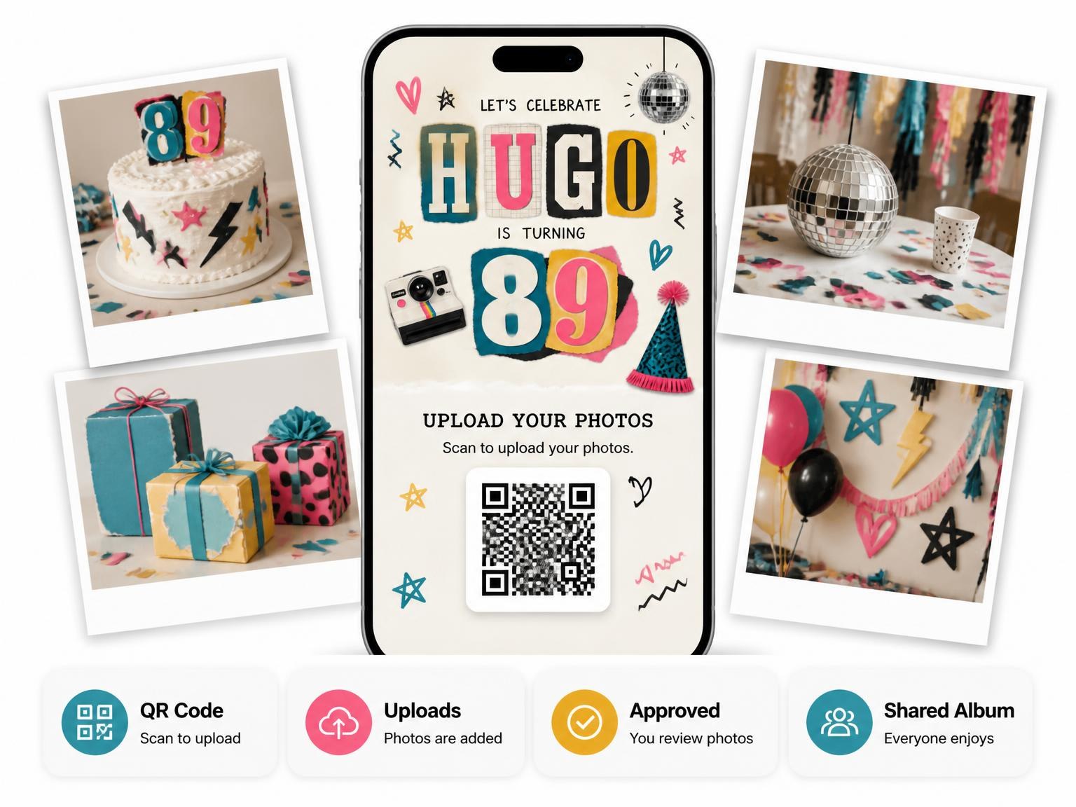 The shared photo gallery that comes with the Retro Paper Collage 89th Birthday Invitation invitation
