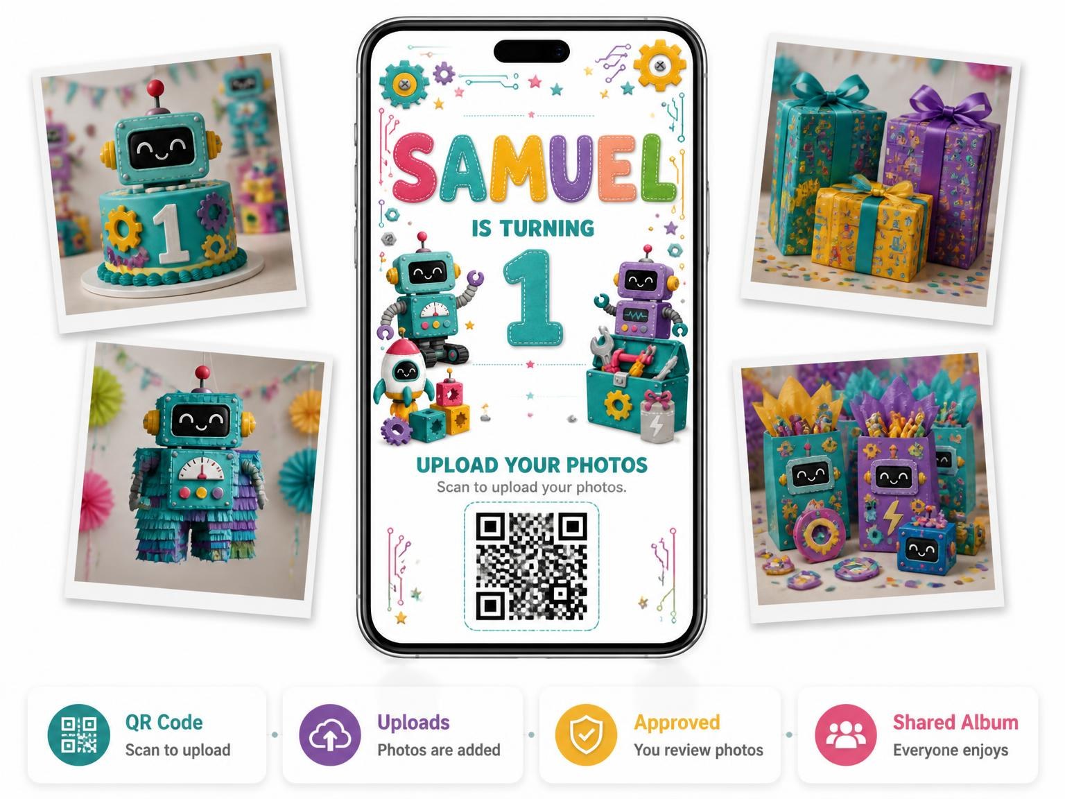 The shared photo gallery that comes with the Stitched Robot 1st Birthday Invitation invitation