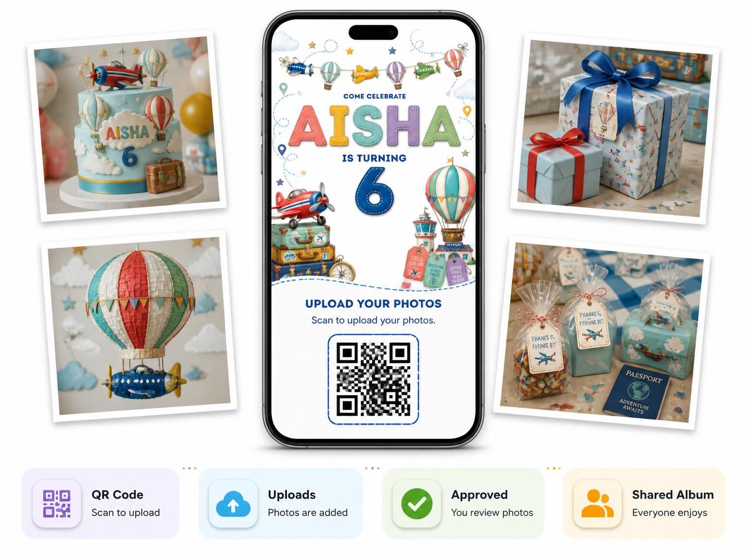 The shared photo gallery that comes with the Stitched Up and Away 6th Birthday Invitation invitation