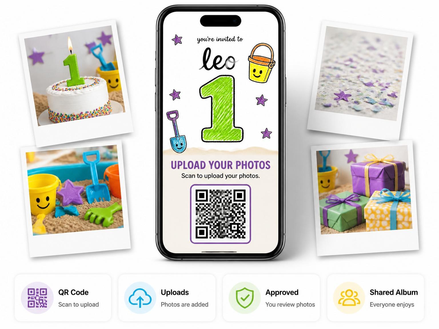 The shared photo gallery that comes with the Crayon Beach Toy 1st Birthday invitation